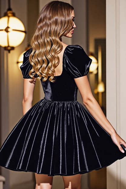 Black A Line Velvet Short Homecoming Dress with Sleeves