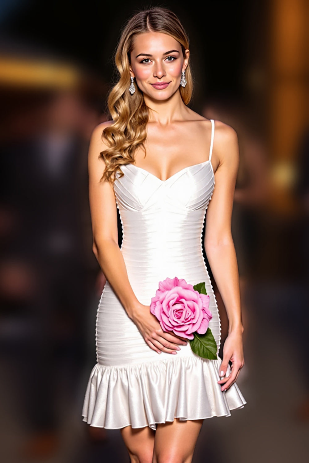 Leely Women White Bodycon Ruffled Short Homecoming Dress Spaghetti Straps Little White Dress