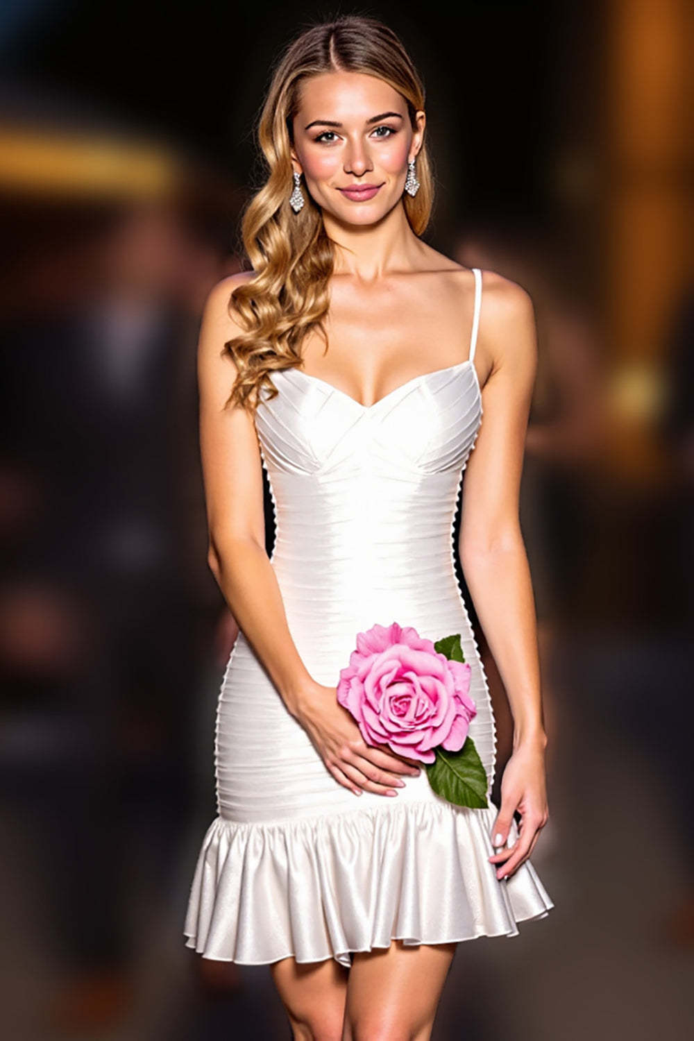 Leely Women White Bodycon Ruffled Short Homecoming Dress Spaghetti Straps Little White Dress