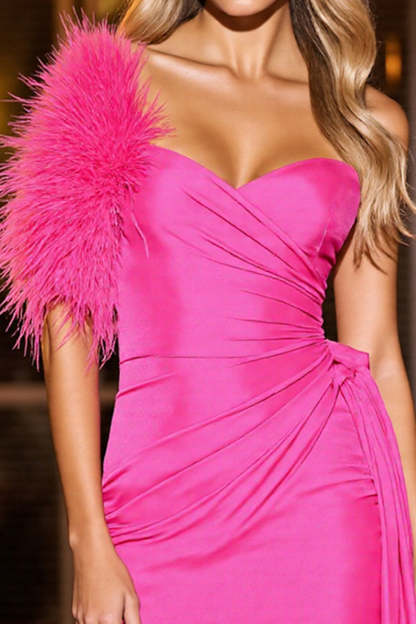 Fuchsia Short Tight Satin Homecoming Dress with Feather