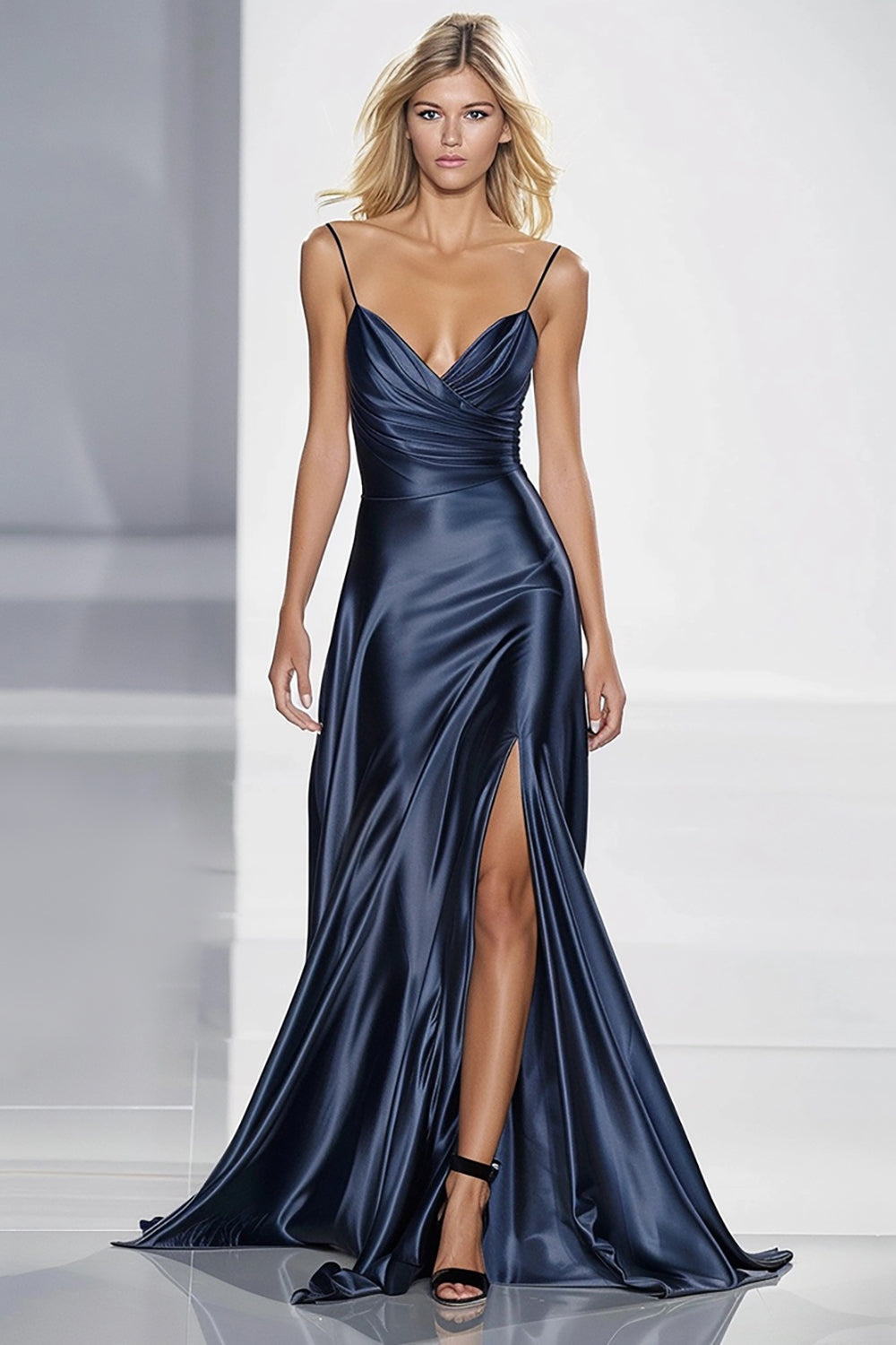 Leely Women Dark Blue Mermaid Maxi Formal Dress with Slit Ruched Satin Spaghetti Straps Evening Dress