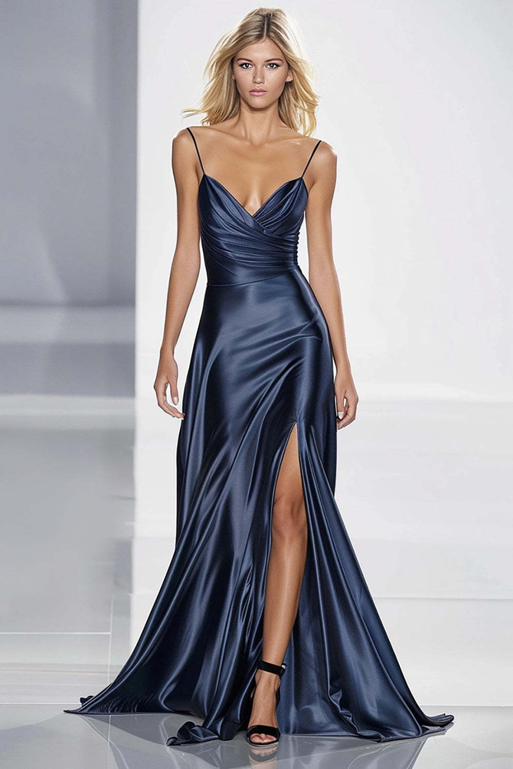 Leely Women Dark Blue Mermaid Maxi Formal Dress with Slit Ruched Satin Spaghetti Straps Evening Dress