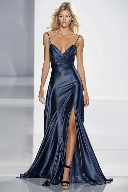 Leely Women Dark Blue Mermaid Maxi Formal Dress with Slit Ruched Satin Spaghetti Straps Evening Dress