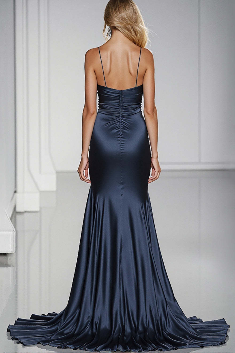 Mermaid Dark Blue Satin Spaghetti Straps Maxi Formal Dress with Slit