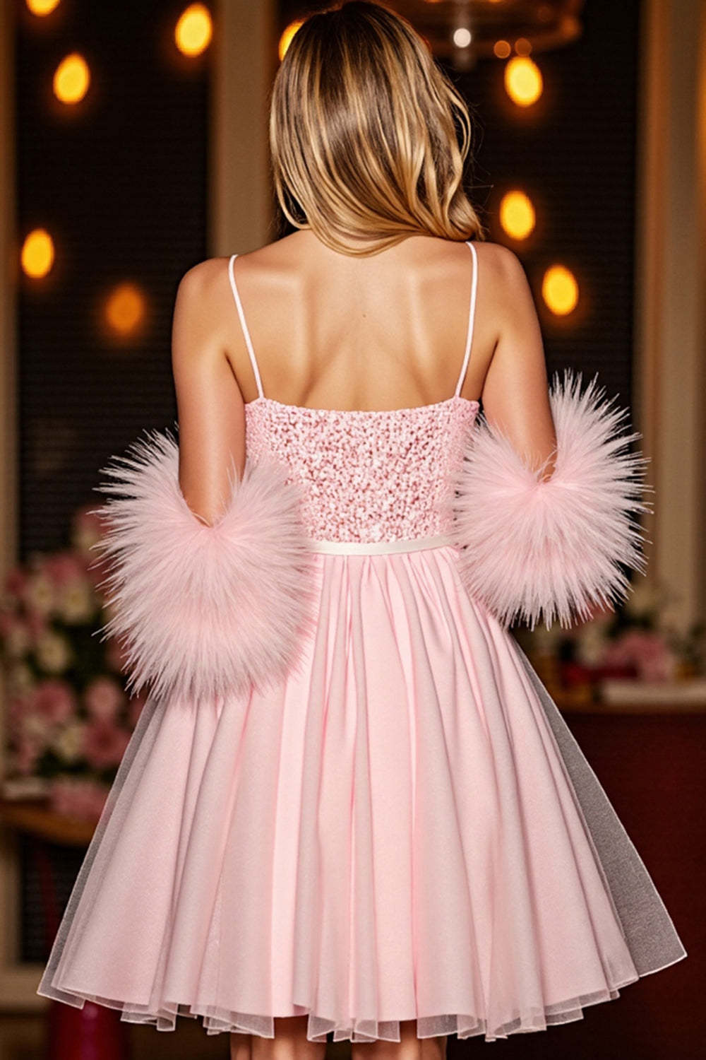 Sparkly A Line Blush Corset Sequins Short Homecoming Dress with Feathers