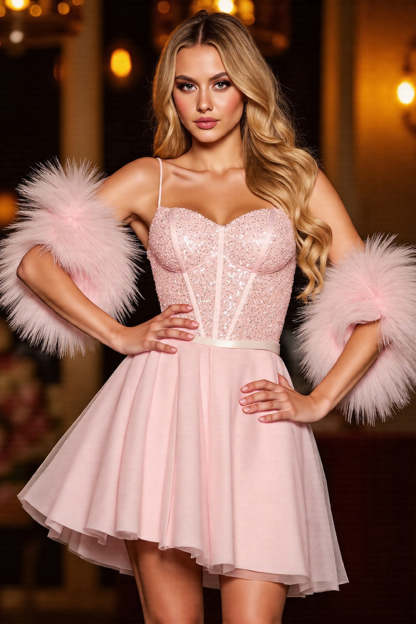 Leely Women Sparkly Blush Corset Short Homecoming Dress with Feathers A Line Spaghetti Straps Birthday Dress with Sequins