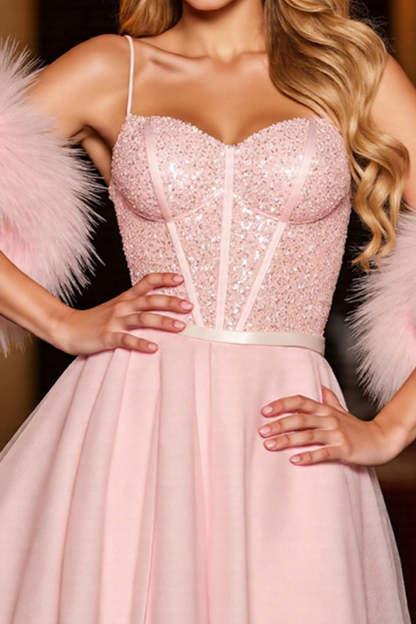 Sparkly A Line Blush Corset Sequins Short Homecoming Dress with Feathers