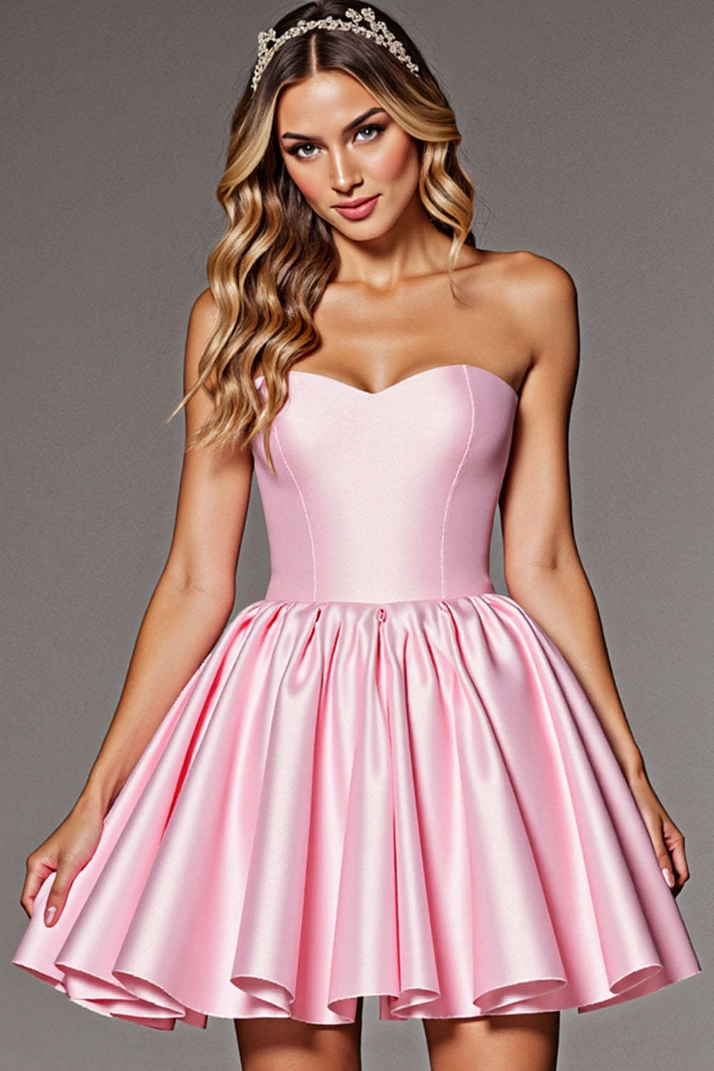 Leely Women Pink Corset A Line Satin Short Homecoming Dress Strapless Sweetheart Birthday Dress with Bow