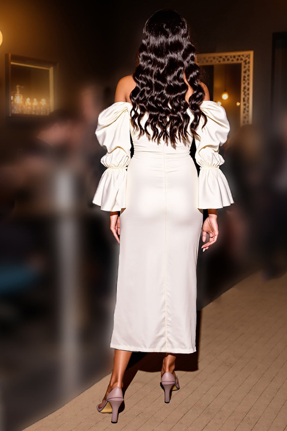 White Satin Corset Sheath Midi Formal Dress with Slit