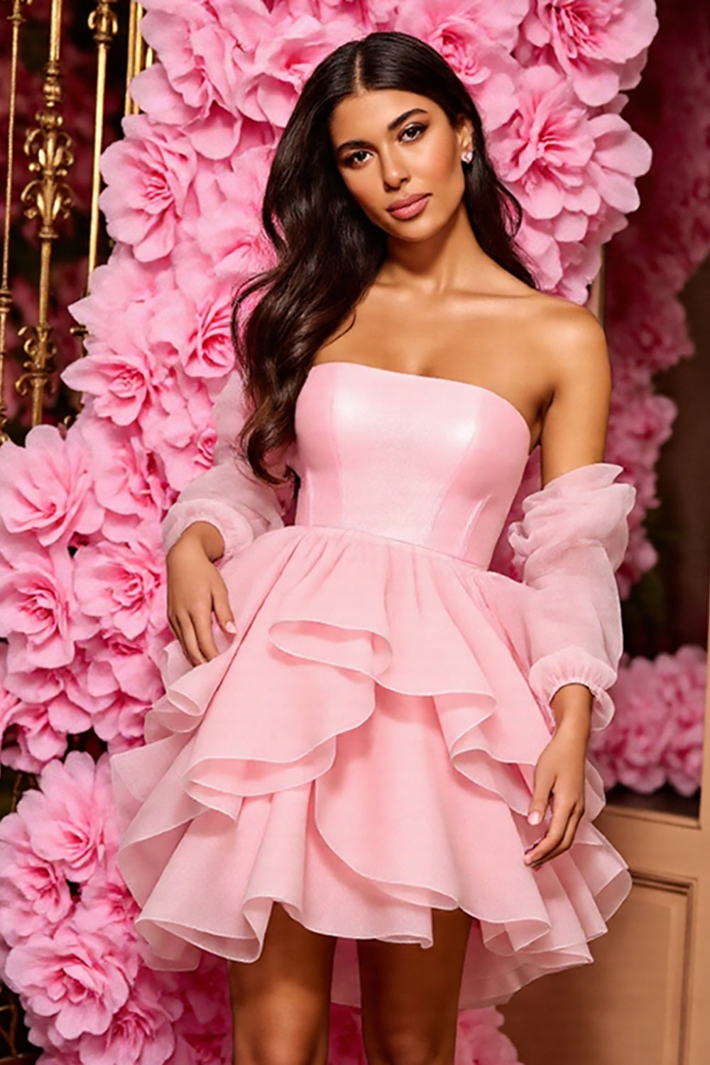 Pink A Line Strapless Corset Short Ruffled Homecoming Dress with Sleeves