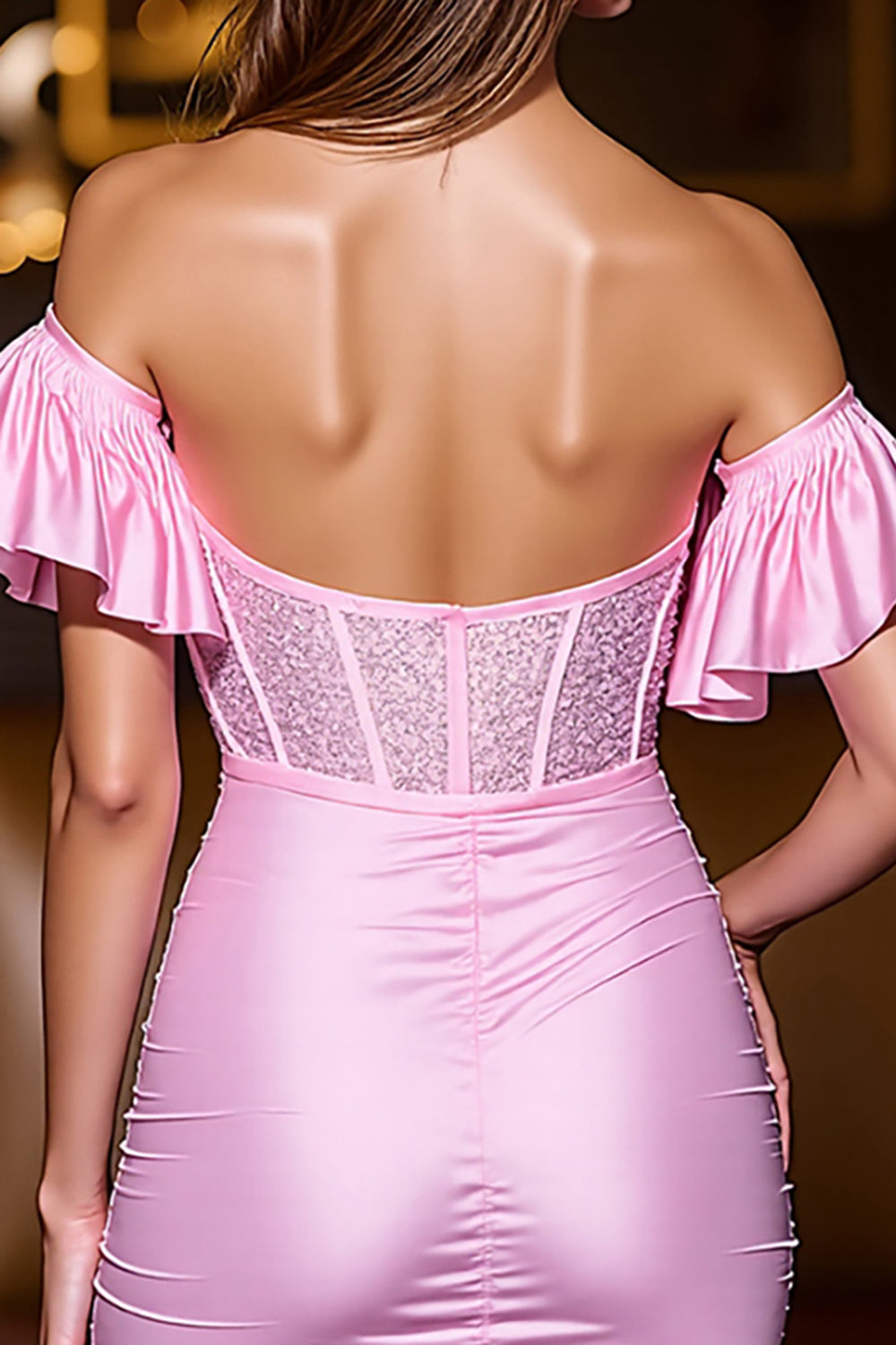 Pink Satin Corset Beaded Mini Homecoming Dress with Ruffles
