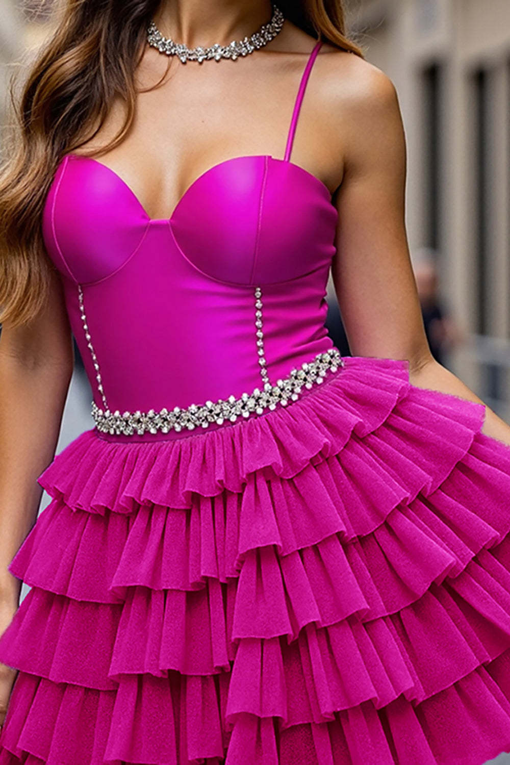 A Line Tiered Fuchsia Short Homecoming Dress with Ruffles