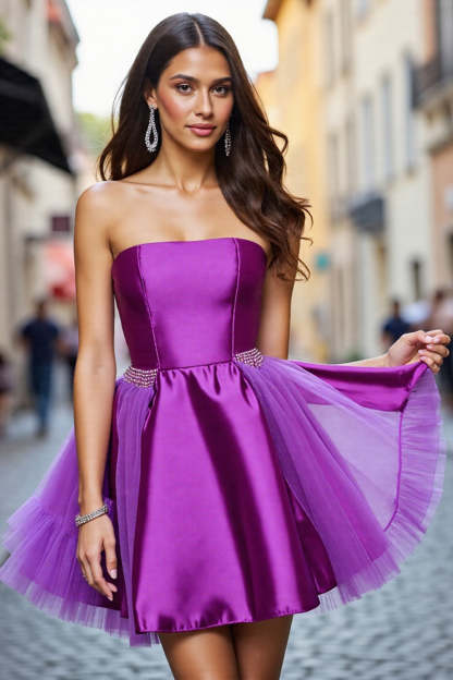 Leely Women Dark Purple Strapless Short Homecoming Dress with Tulle A Line Satin Backless Birthday Dress
