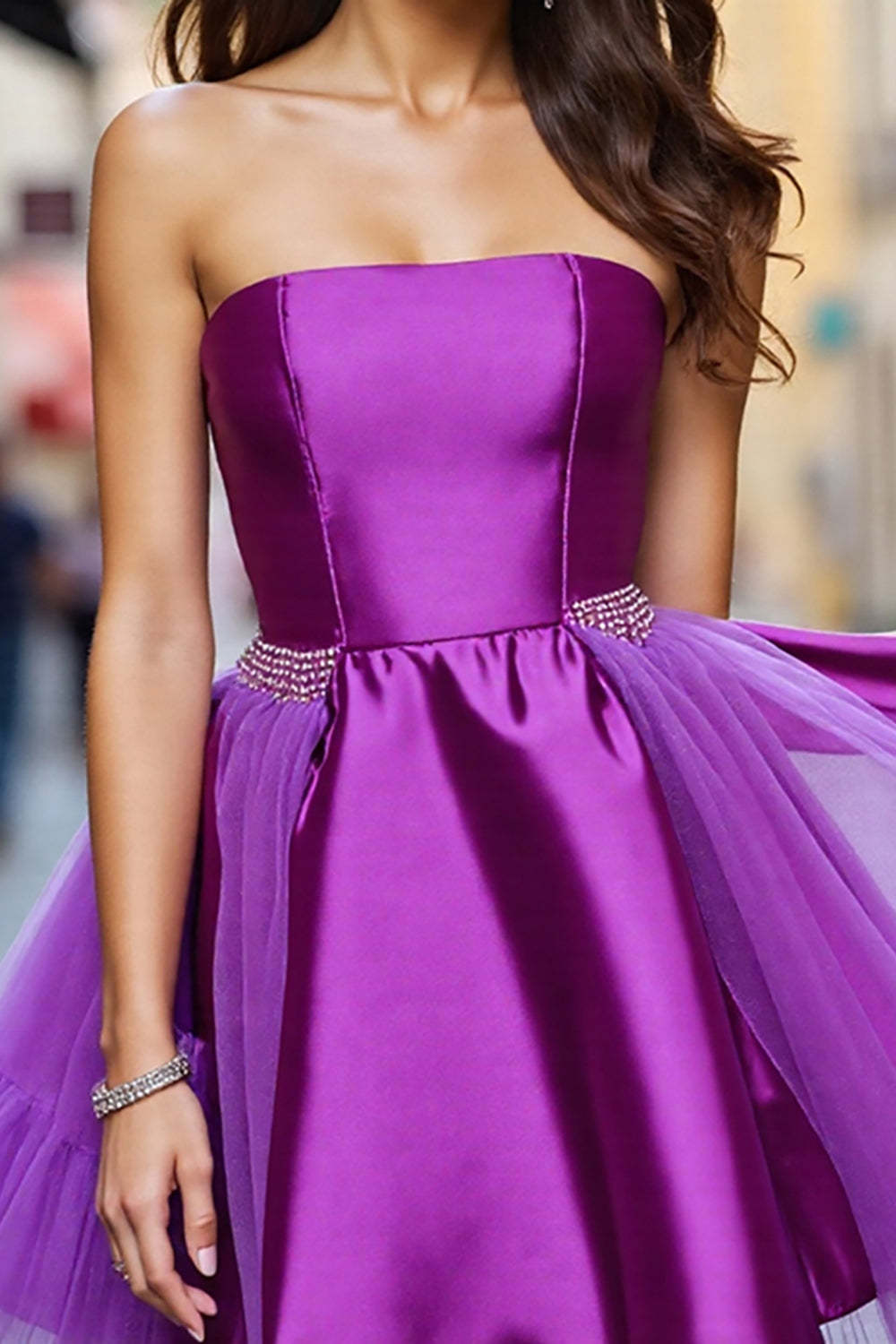 Dark Purple A Line Satin Strapless Short Homecoming Dress