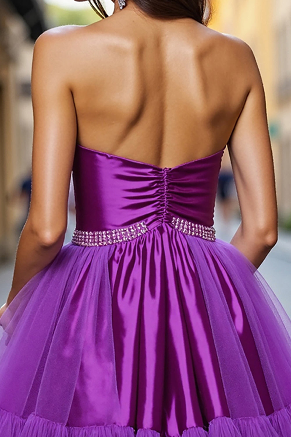 Dark Purple A Line Satin Strapless Short Homecoming Dress