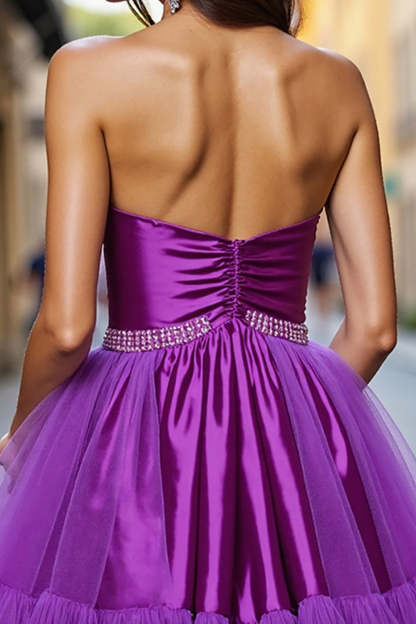 Dark Purple A Line Satin Strapless Short Homecoming Dress