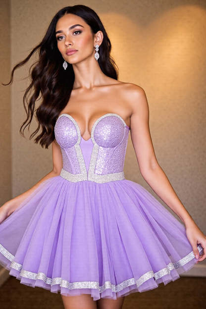 Leely Women Sparkly Purple Corset Short Homecoming Dress Sequin Strapless A Line Birthday Dress