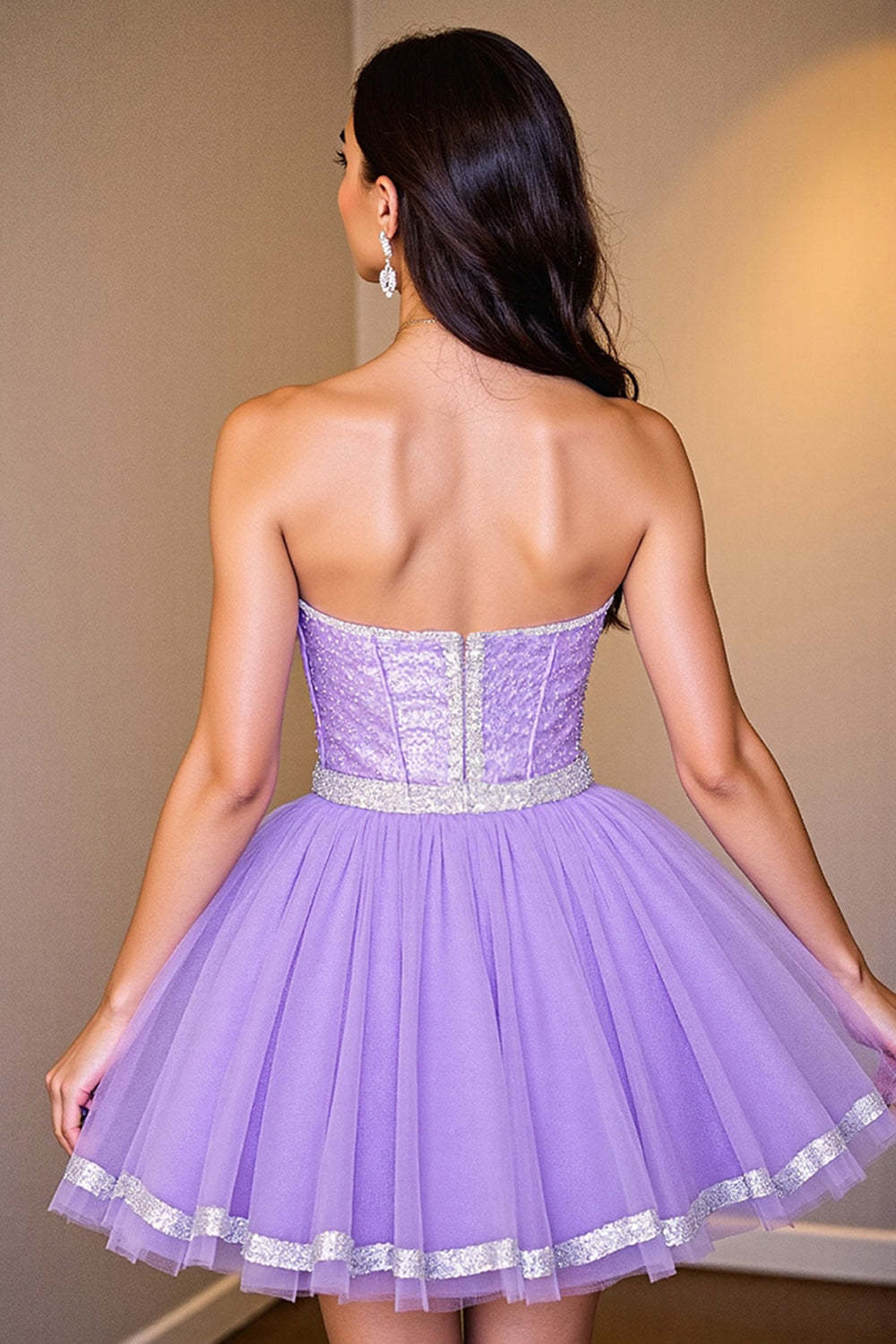 Sparkly Purple Sequin Strapless Corset A Line Short Homecoming Dress