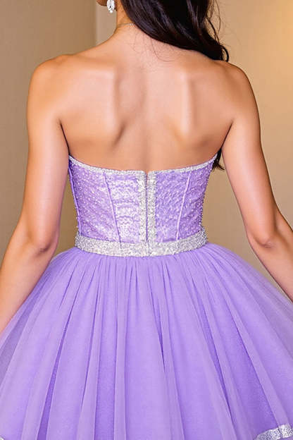Sparkly Purple Sequin Strapless Corset A Line Short Homecoming Dress