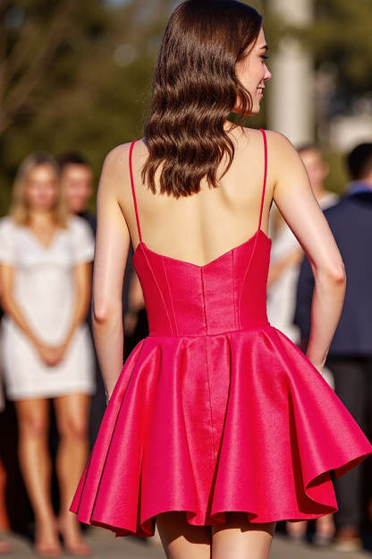 Red A Line Satin Spaghetti Straps Backless Short Homecoming Dress