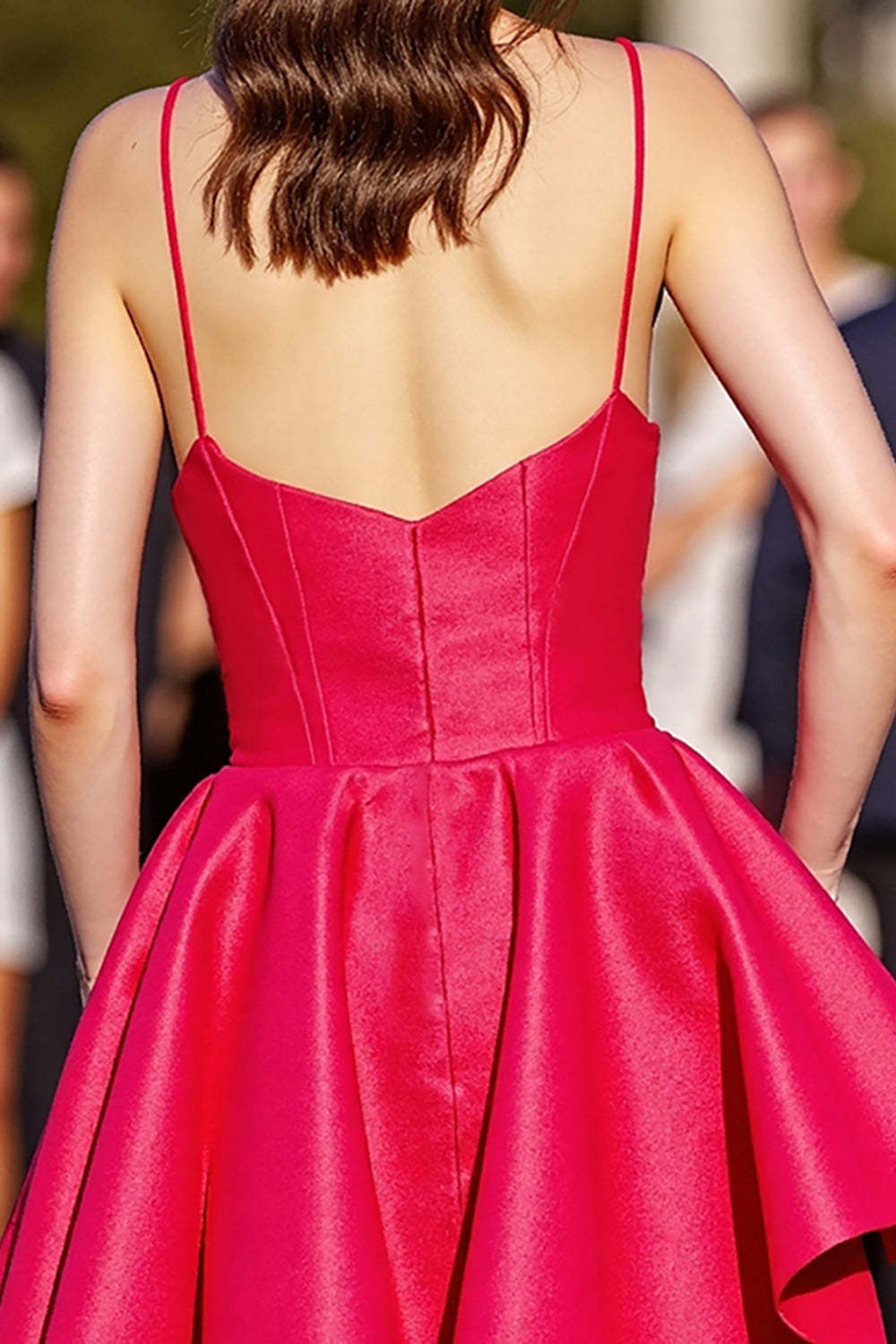 Red A Line Satin Spaghetti Straps Backless Short Homecoming Dress