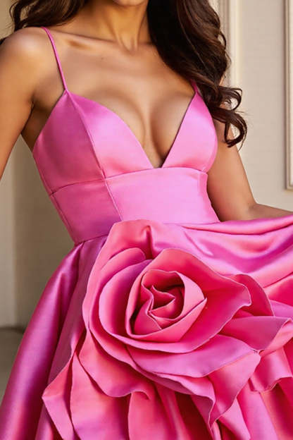 Fuchsia Satin A Line Spaghetti Straps Short Homecoming Dress with Flower