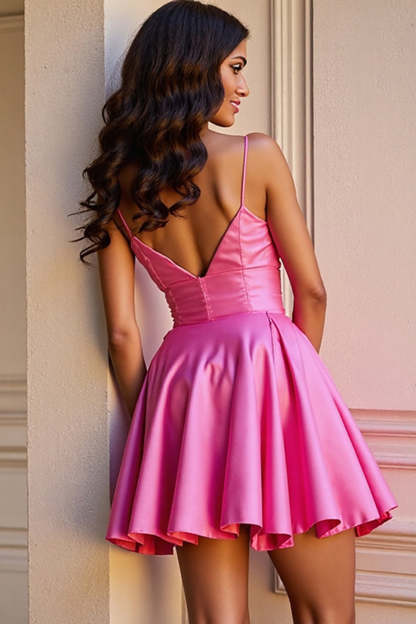 Fuchsia Satin A Line Spaghetti Straps Short Homecoming Dress with Flower
