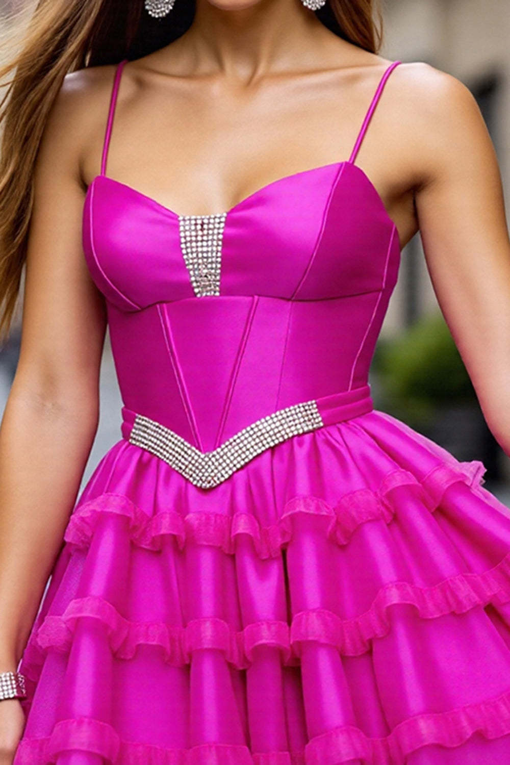 Fuchsia Corset Ruffled Short Homecoming Dress with Rhinestones