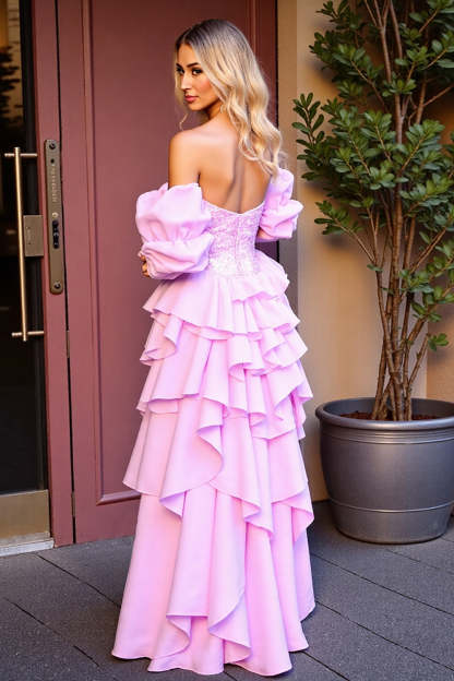 Sparkly Pink Corset Sequins High-Low Homecoming Dress with Ruffles