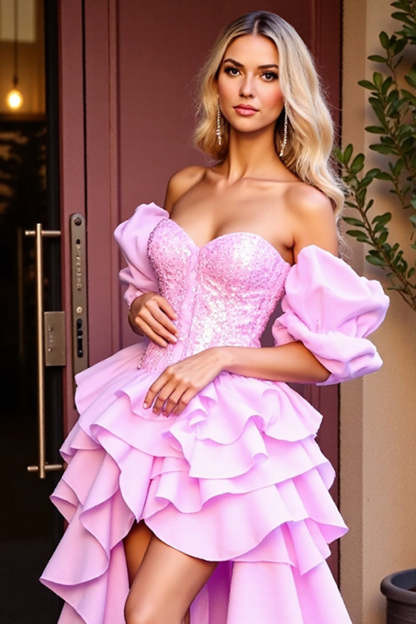 Sparkly Pink Corset Sequins High-Low Homecoming Dress with Ruffles