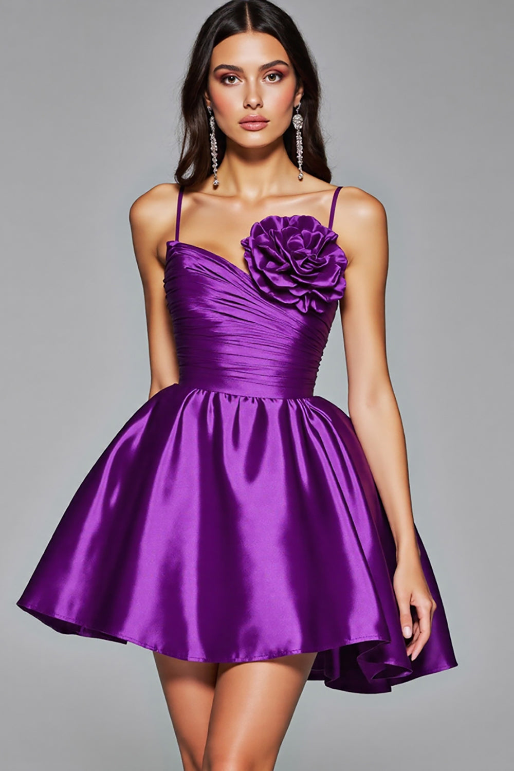 Leely Women Dark Purple Satin Short Homecoming Dress with Flower A Line Spaghetti Straps Ruched School Party Dress