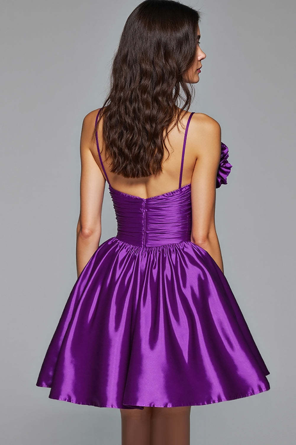 Dark Purple Ruched A Line Satin Short Homecoming Dress with Flower