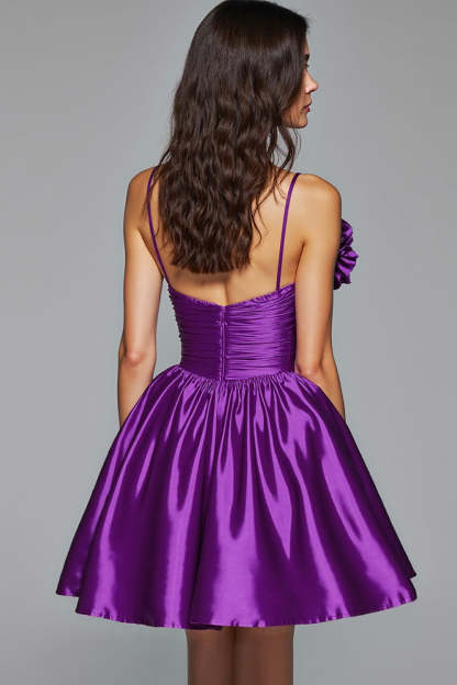 Dark Purple Ruched A Line Satin Short Homecoming Dress with Flower