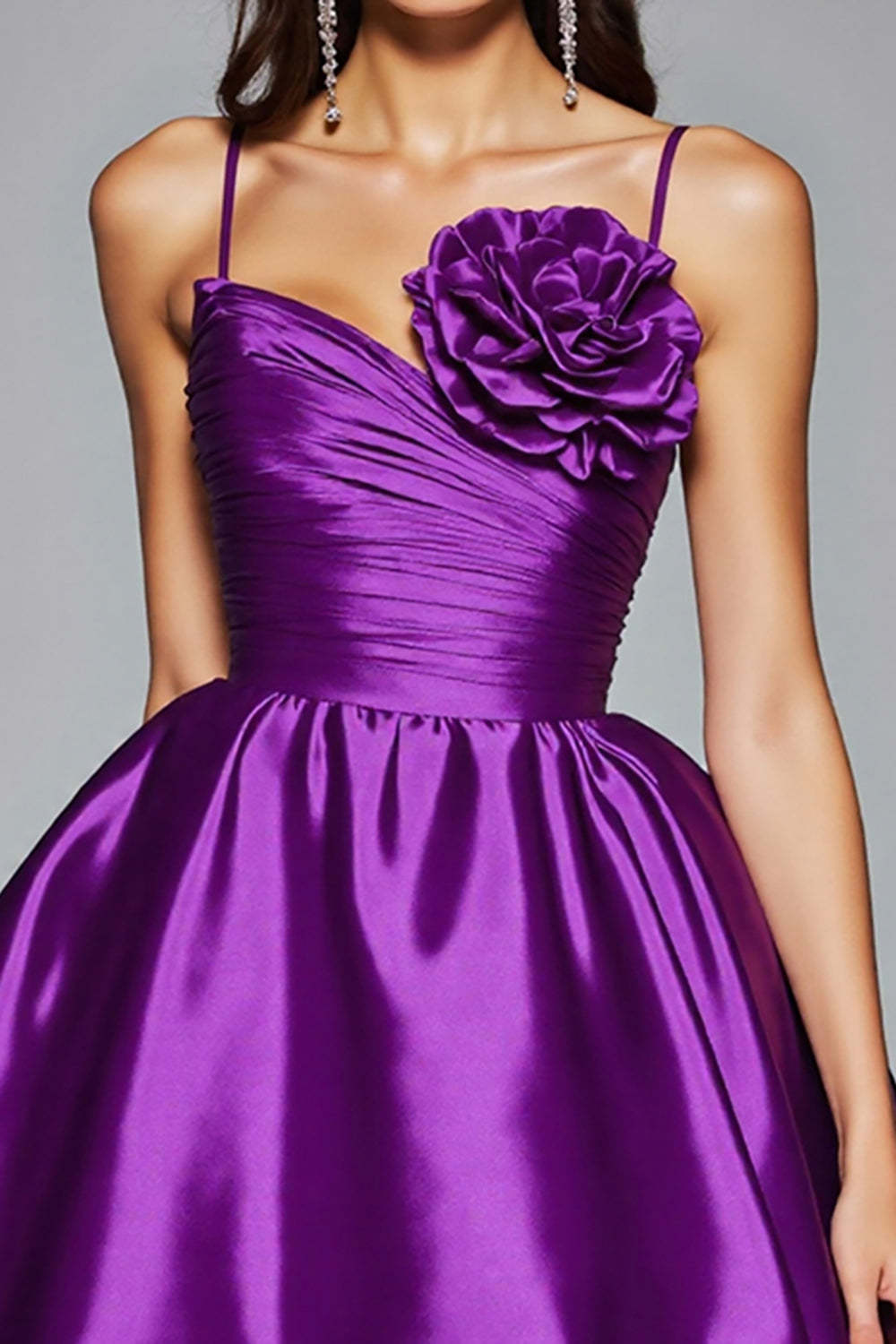 Dark Purple Ruched A Line Satin Short Homecoming Dress with Flower