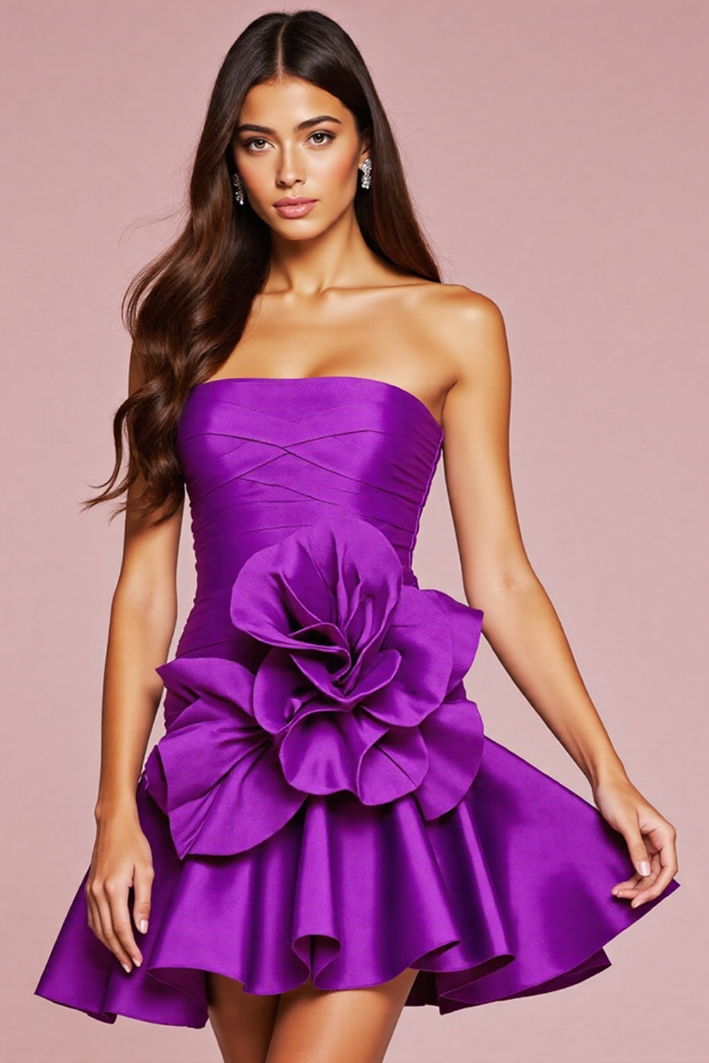 Leely Women Dark Purple Short Homecoming Dress with 3D Flower Satin A Line Strapless Cocktail Dress