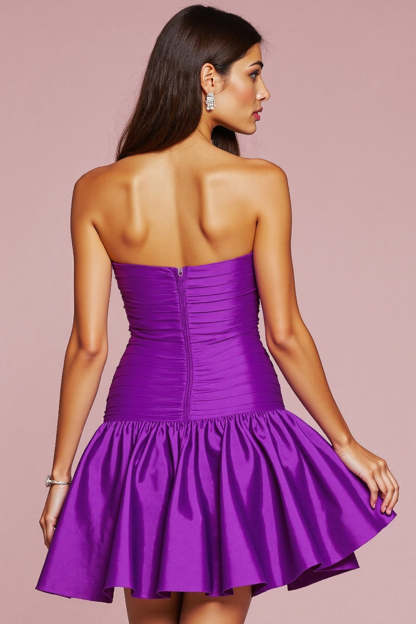 Dark Purple Strapless Satin A Line Short Homecoming Dress with 3D Flower
