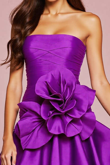 Dark Purple Strapless Satin A Line Short Homecoming Dress with 3D Flower