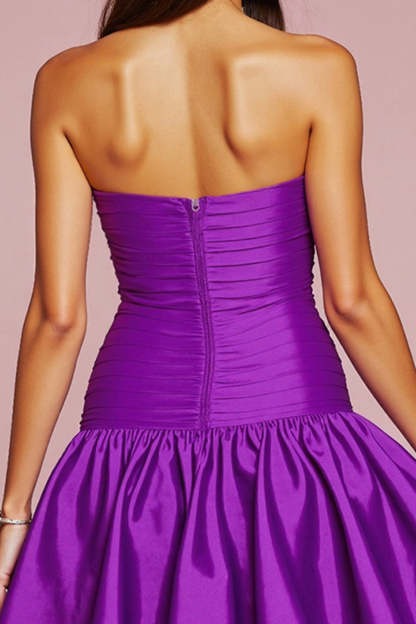 Dark Purple Strapless Satin A Line Short Homecoming Dress with 3D Flower