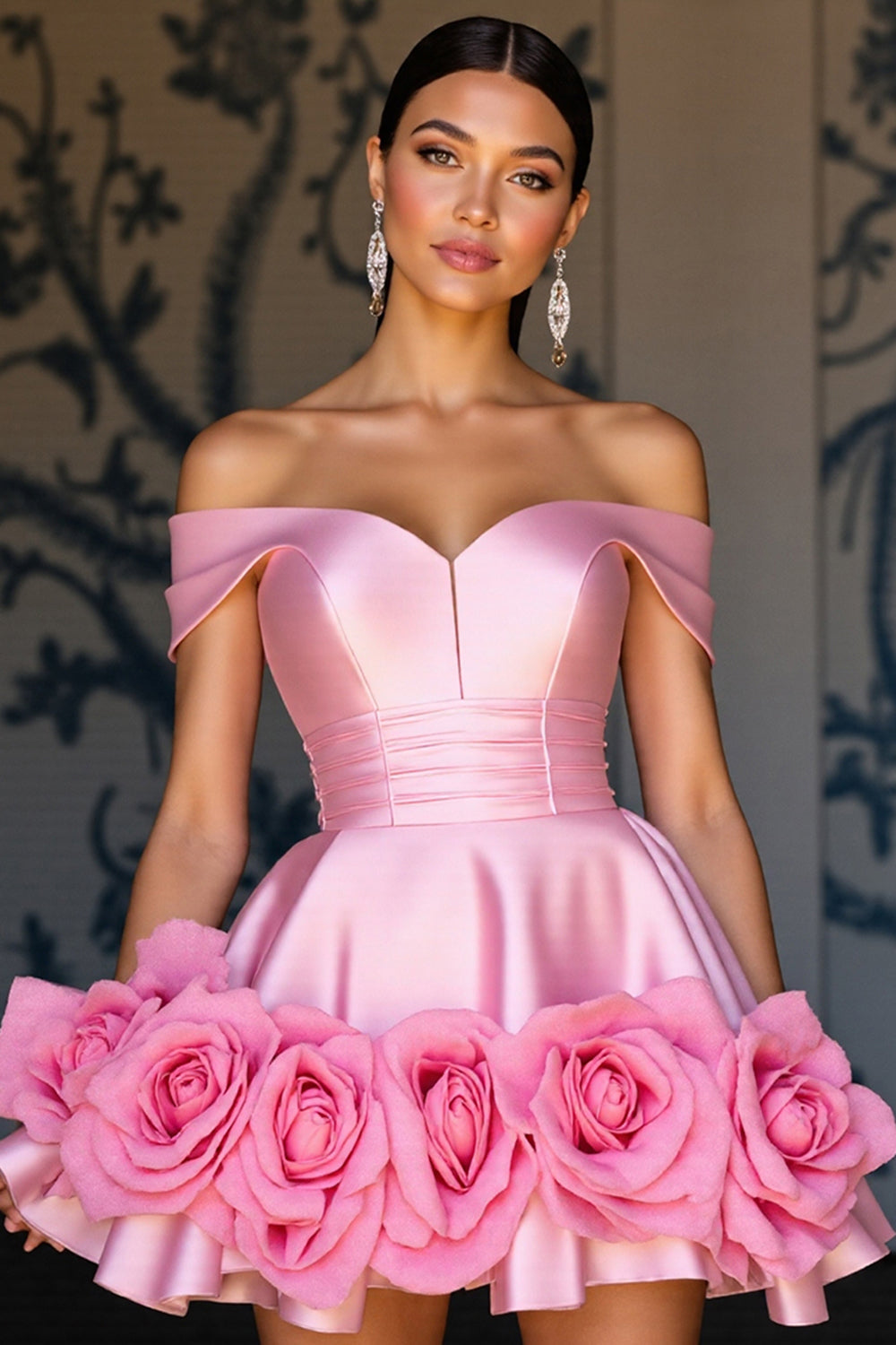 Pink Satin A Line Short Homecoming Dress with Flowers