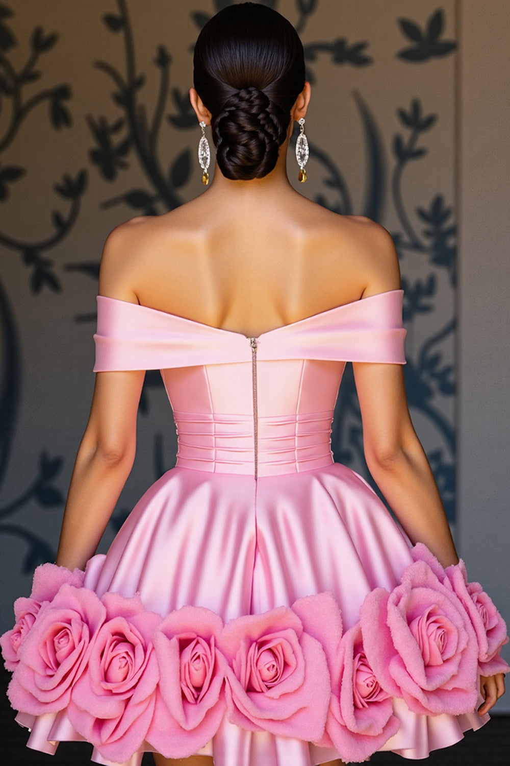 Pink Satin A Line Short Homecoming Dress with Flowers