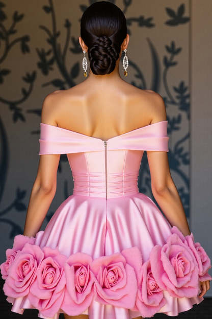 Pink Satin A Line Short Homecoming Dress with Flowers
