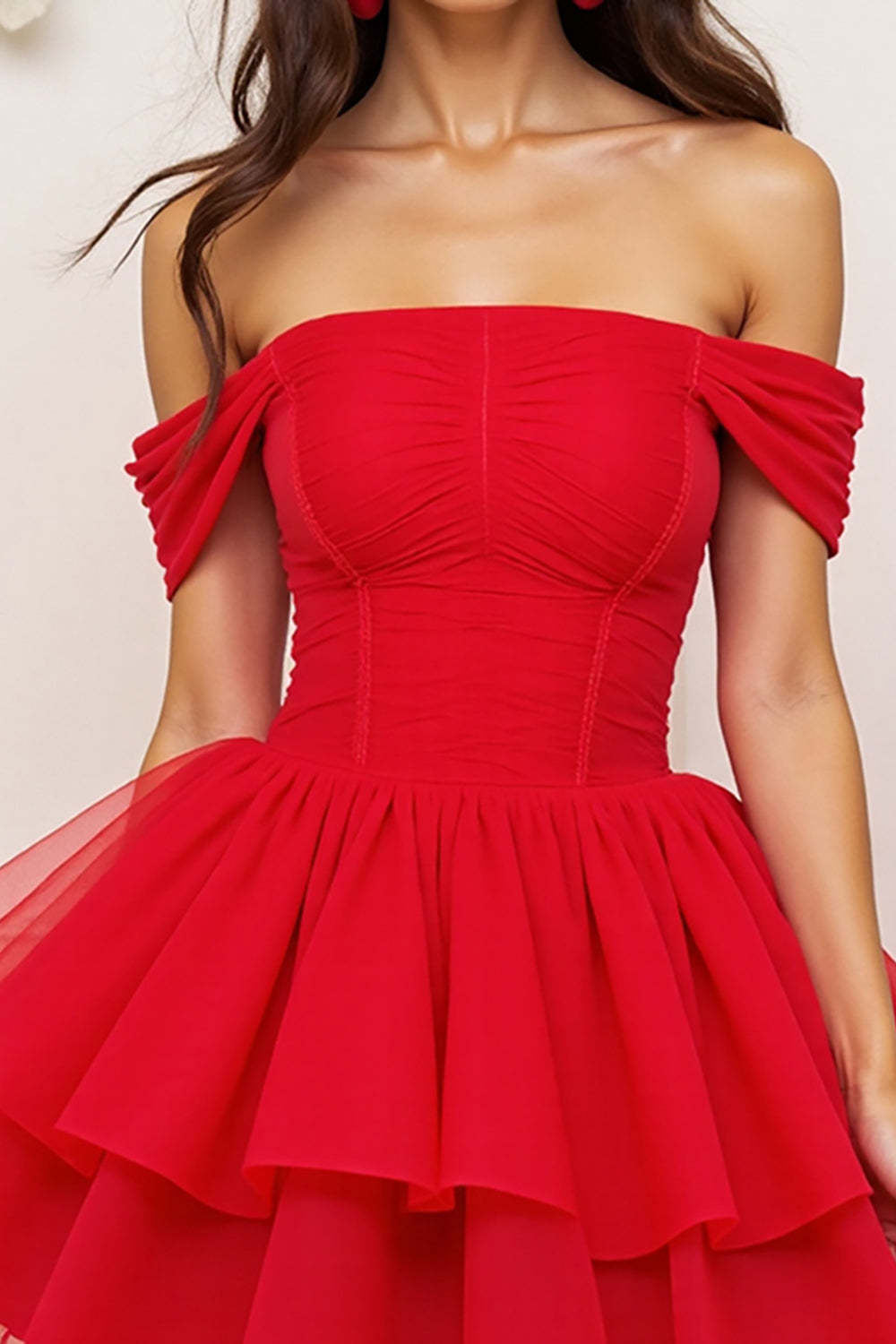 A Line Tulle Red Tiered Corset Short Homecoming Dress with Ruffles