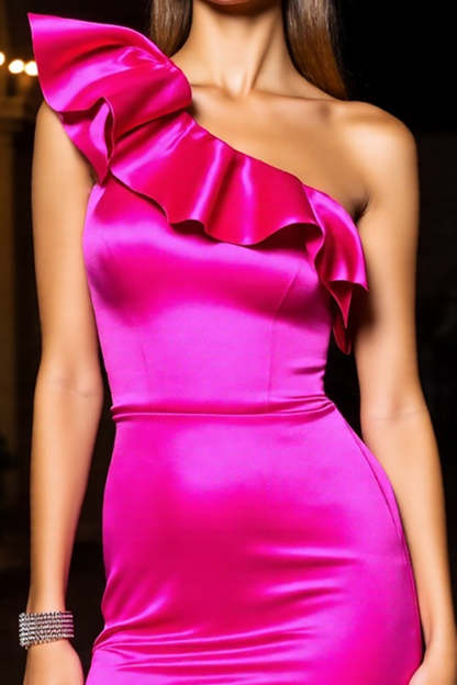 Tight Fuchsia Satin One Shoulder Mini Homecoming Dress with Ruffles