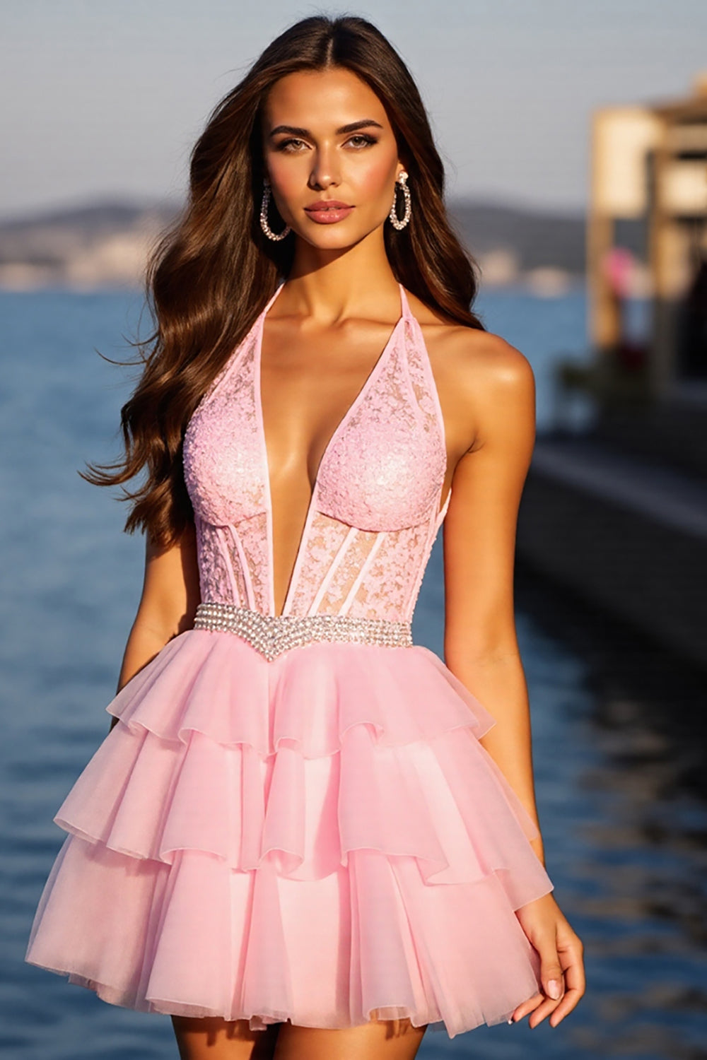 Pink Corset Tulle Tiered A Line Short Homecoming Dress with Lace