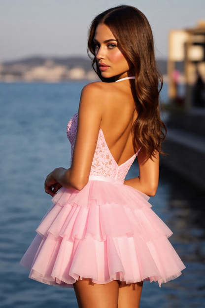 Pink Corset Tulle Tiered A Line Short Homecoming Dress with Lace
