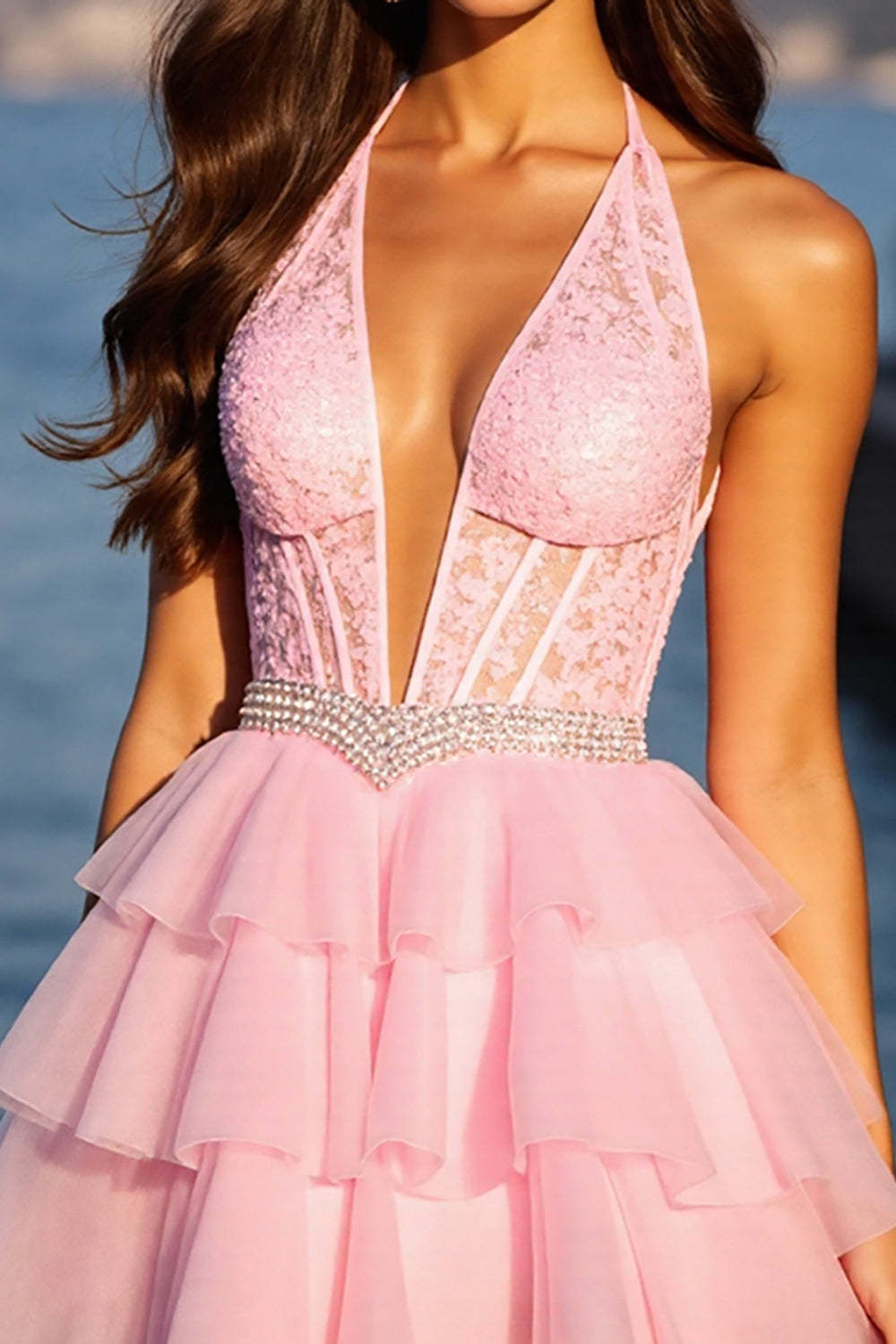 Pink Corset Tulle Tiered A Line Short Homecoming Dress with Lace