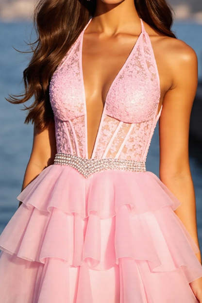 Pink Corset Tulle Tiered A Line Short Homecoming Dress with Lace
