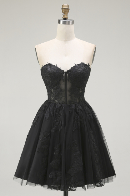 Black Corset Sweetheart Short Lace A Line Homecoming Dress