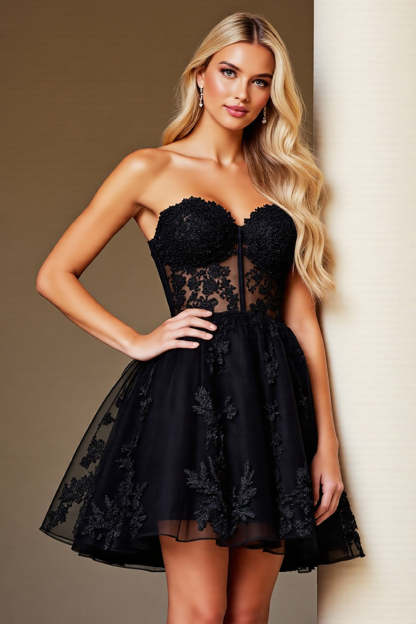 Leely Women Black Corset Short Lace Homecoming Dress Sweetheart A Line Illusion Back Little Black Dress