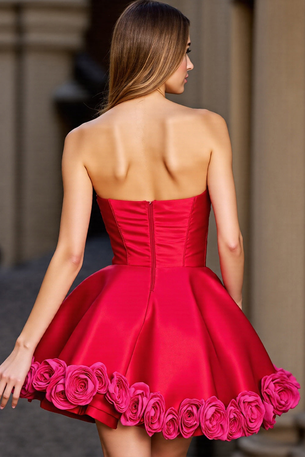 Red Strapless A Line Satin Short Homecoming Dress with Flowers